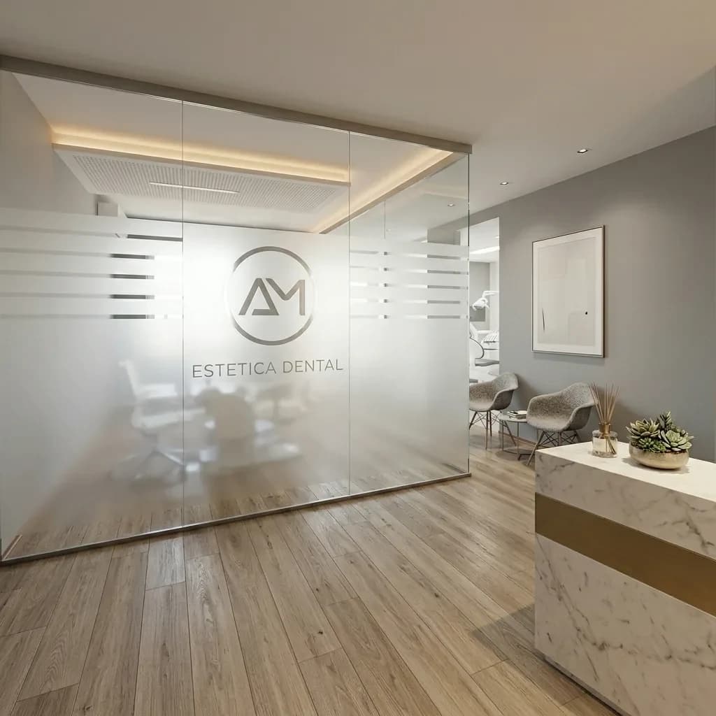 Render de recepción premium para AM Estética Dental Uruguay en Montevideo
