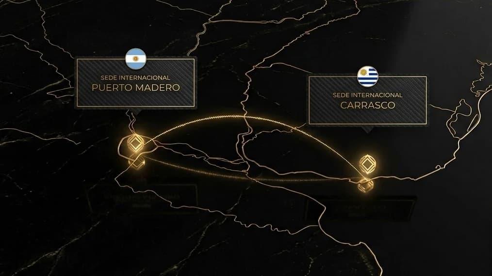Mapa de las sedes internacionales de AM Estética Dental: zona Carrasco en Montevideo, Uruguay, y Puerto Madero en Buenos Aires, Argentina